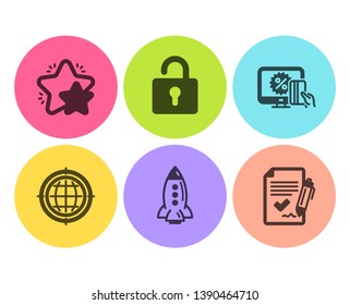 Seo internet, Online shopping and Star icons simple set. Rocket, Lock and Approved agreement signs. Globe, Black friday. Business set. Flat seo internet icon. Circle button. Vector