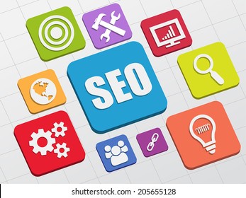 SEO and internet signs - white symbols in colorful flat design blocks, business technology concept icons, vector