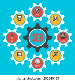 SEO internet technology concept. Infographic design with cogwheels. Vector illustration