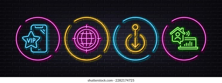 Seo Internet, Vip Telefon und Scroll nach unten minimalen Linien Symbole. Neon Laser 3D-Lichter. Arbeite Heimsymbole. Für Web, Anwendung, Druck. Globe, Exklusives Privileg, Swipe-Bildschirm. Outsource-Arbeit. Vektorgrafik