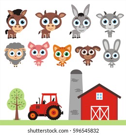 Seo of isolated funny farm animals in cartoon style on white background.