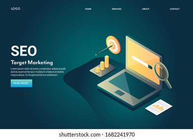 SEO isometric concept, SEO strategy, Digital marketing conceptual vector landing page with icons and texts