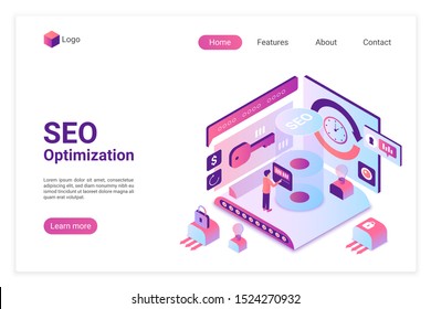SEO isometric landing page vector template. Search engine marketing webpage layout. Website traffic increasing service 3d concept. Search results optimization and customization web page interface