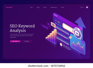 SEO keyword analysis banner. Research and analytics of search engine optimization of content. Vector landing page with isometric graphs, text on tablet screen and target