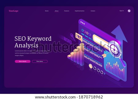 SEO keyword analysis banner. Research and analytics of search engine optimization of content. Vector landing page with isometric graphs, text on tablet screen and target