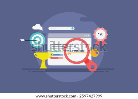 SEO keyword analysis tool, SEO tool, Keyword research, Keyword selection for PPC campaign - vector illustration with icons