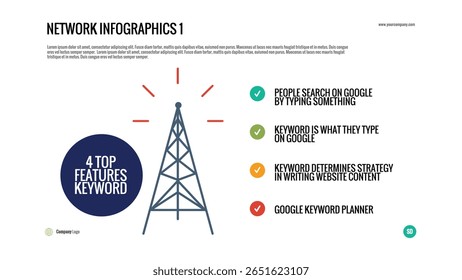 SEO Keyword Infographic - Vetor com torre de sinal e 4 pontos relacionados a palavras-chave. Perfeito para explicar a estratégia do mecanismo de pesquisa, conteúdo do site e marketing digital