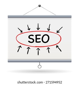 seo keyword on projector screen  illustration design over a white background