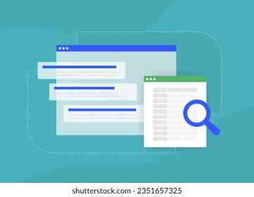 SEO Keyword Ranking Reports concept. Keyword research seo strategies - selection and analysis popular seo search terms. Vector isolated illustration on green background with icons