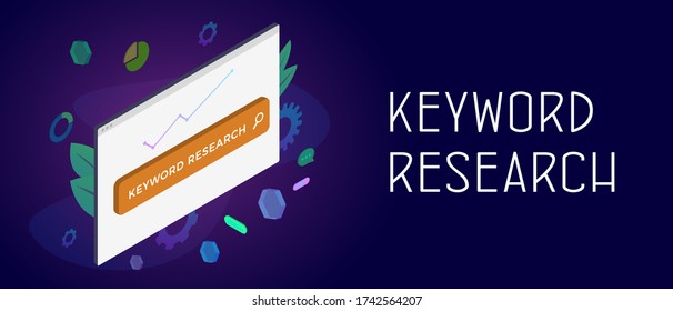 SEO Keyword Research concept. Research and analysis popular search terms with engine optimization. Browser window with search bar and chart icons. Header and footer banner template with text
