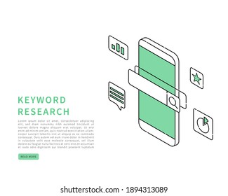 Seo keyword research concept. Keyword research and search engine optimization. Vector isometric in line art style. 