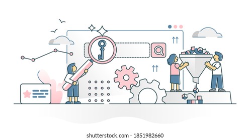 Investigación de palabras clave SEO con el concepto de esquema monocolor de optimización de contenido de datos. Resultados del motor de búsqueda con vínculos de marketing personalizados ilustraciones vectoriales. Símbolo de embudo como proceso de monitoreo de sitios web.