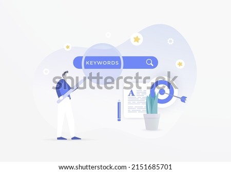 SEO Keyword Research illustration. Analysis popular search terms for search engine optimization. Seo Writing, On-page content optimization with keyword ranking tools flat design vector concept.