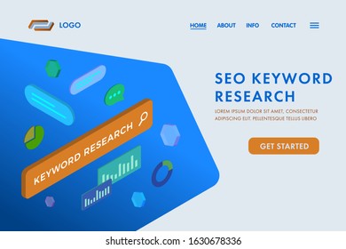 SEO Keyword Research - on-page optimization website template. Research and analysis popular search terms with engine optimization. UI isometric vector web page template for landing page, banner.