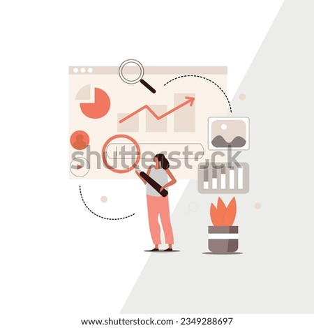 SEO keyword research vector ilustration for tinny people, SEO optimization, web campaign, google ranking with magnifying glass.