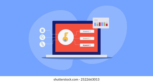 Selección de Palabra clave SEO, análisis de Palabra clave SEO, análisis de datos de marketing de búsqueda de Sitios web, Palabras claves para la campaña PPC - Ilustración vectorial con iconos