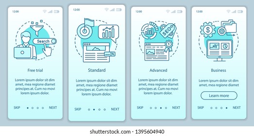 SEO keyword tool subscription onboarding mobile app page screen vector template. Standard tariff. Walkthrough website steps with linear illustrations. UX, UI, GUI smartphone interface concept