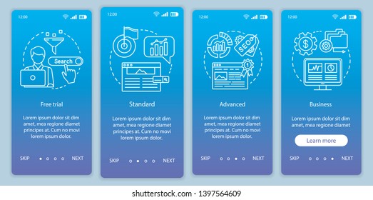 SEO keyword tool subscription onboarding mobile app page screen vector template. Walkthrough website steps with linear illustrations. Standard tariff. UX, UI, GUI smartphone interface concept