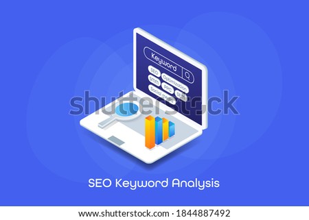 SEO keywords, Keyword research, Keyword analysis - conceptual isometric design 3d vector illustration with icon