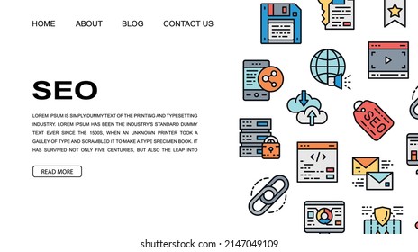 SEO landing page design template. Bookmark, Hosting, Hyperlink, Advertisement, Data Transfer illustration for website design, business presentation.