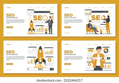 Seo landing page template Vector illustration of SEO optimization. Flat design style. Landing page template.