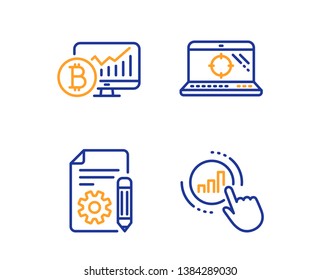 Seo laptop, Documentation and Bitcoin chart icons simple set. Graph chart sign. Search engine, Project, Cryptocurrency statistics. Get report. Technology set. Linear seo laptop icon. Vector