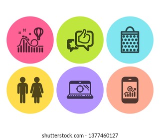 Seo laptop, Like and Roller coaster icons simple set. Restroom, Shopping bag and Smartphone statistics signs. Search engine, Star rating. Flat seo laptop icon. Circle button. Vector