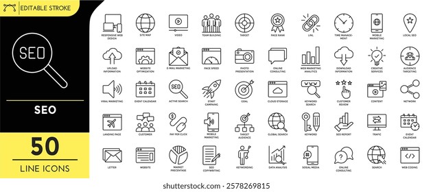 SEO Line editable Icons set. Editable Stroke. Containing icons: e-mail marketing, start campaing, goal, event calendar, keyword search, web marketing analitics, link, and more. Vector Illustration.