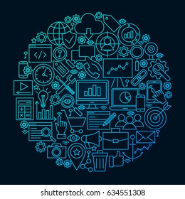 SEO Line Icon Circle Concept. Vector Illustration of Web Development Objects.