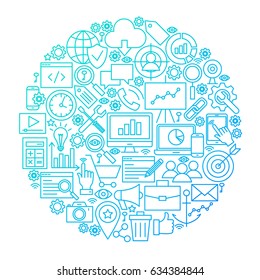 SEO Line Icon Circle Design. Vector Illustration of Web Development Objects.