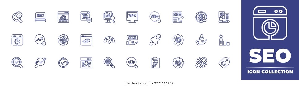 Sammlung von SEO-Linien-Symbolen. Bearbeitbarer Strich. Vektorgrafik. Enthält Lupen, Seo, Dashboard, Optimierung, Seo und Web, globales Netzwerk, Hashtag, Analyse, Suchdiagramm, Einstellungen, Link.