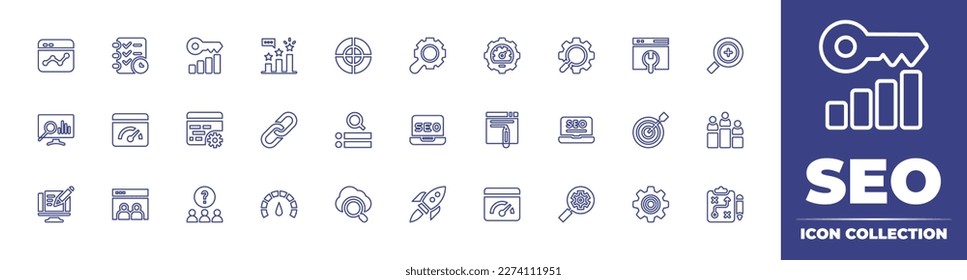 SEO line icon collection. Editable stroke. Vector illustration. Containing seo report, planning, keyword, seo and web, seo, optimization, web maintenance, analytics, speed test, code, link.