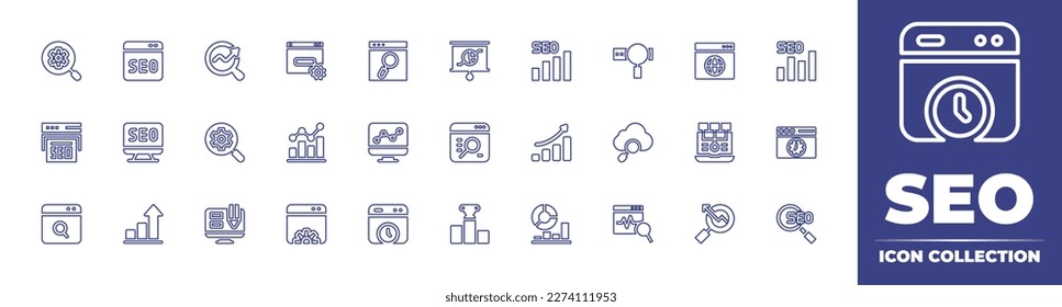 Sammlung von SEO-Linien-Symbolen. Bearbeitbarer Strich. Vektorgrafik. Mit Seo, Suchmaschinen-Optimierung, international, Seo-Bericht, Bardiagramm, Analyse, Suchmaschine, Wachstumsgraph, Zeit, Suche.