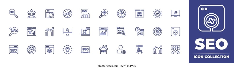 SEO line icon collection. Editable stroke. Vector illustration. Containing seo, rating, browsers, market analysis, speedometer, optimization, analytics, search, consulting, web traffic, audit.