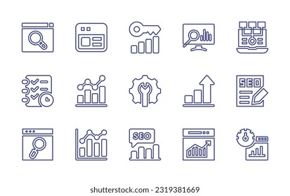 Seo line icon set. Editable stroke. Vector illustration. Containing seo, landing pages, keyword, analytics, planning, bar chart, web optimization, increase, ranking, web traffic, seo report.