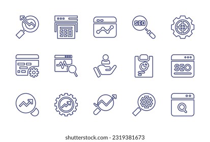 Seo line icon set. Editable stroke. Vector illustration. Containing search, seo, seo report, settings, code, web browser, customer, search chart, optimization, analytics.
