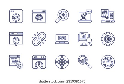Juego de iconos de línea de sesión. Trazo editable. Ilustración vectorial. Con seo, internacional, consultoría, hashtag, mantenimiento web, link, ajuste, optimización, historia, seo y web, velocímetro.