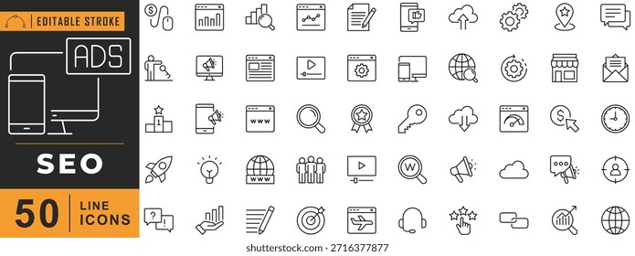 Conjunto de iconos de línea SEO. Trazo editable. Ilustración vectorial.
