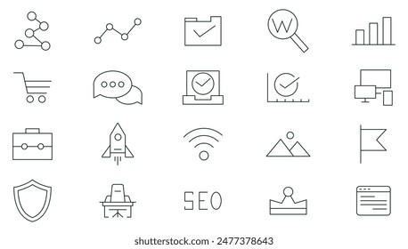 Conjunto de iconos de línea Seo. Optimización de motores de búsqueda. Negocios y marketing, tráfico, clasificación, optimización, Enlace y paquete de iconos de Palabra clave. Icono de esquema de marketing y optimización de motores de búsqueda colección