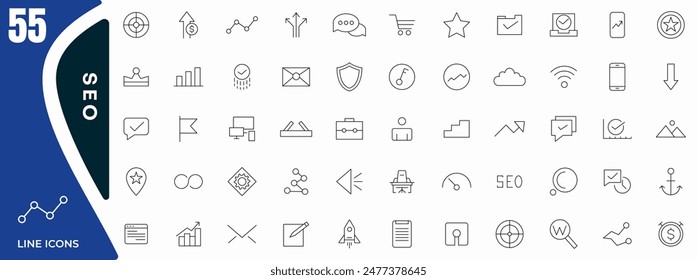 Conjunto de iconos de línea Seo. Optimización de motores de búsqueda. Negocios y marketing, tráfico, clasificación, optimización, Enlace y paquete de iconos de Palabra clave. Icono de esquema de marketing y optimización de motores de búsqueda colección