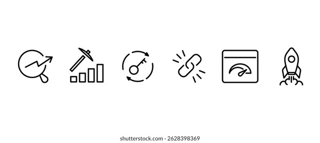Seo line icon set. Search Engine Optimization icon collection. Containing business and marketing, ranking, optimization, link and keyword. Line icons vector collection in transparent background.