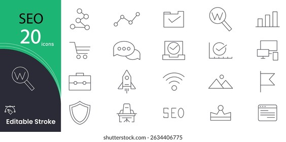 Conjunto de ícones de linha de SEO. Otimização do Mecanismo de Pesquisa. Negócios e marketing, tráfego, ranking, otimização, link e pacote de ícones de palavra-chave. Ícones de estrutura de tópicos relacionados a Marketing e Seo. Traçado editável.