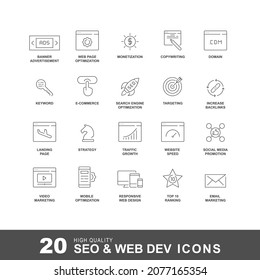 SEO line icon. Vector web development, website and web page optimization icons set with editable strokes