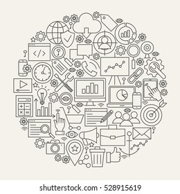 SEO Line Icons Circle. Vector Illustration of Web Development Outline Objects.