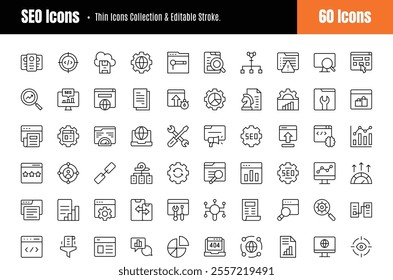 SEO line Icons Collection Set Of 60. Regular Icons Pack. Vector illustration eps 8