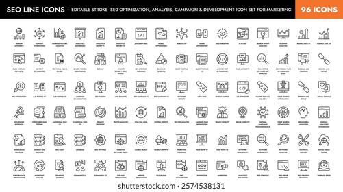 SEO Line Icons Editable Stroke Optimization, Analysis, Campaign, Development Icon Set for Marketing. Vector illustration eps 8