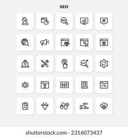 SEO line icons set. Chess piece, magnifier, hashtag, search, mouthpiece and other elements.