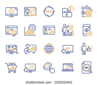 Seo line icons. Set of Increase sales, Business Ad strategy and Website optimization icons. Puzzle, Web seo timer and Analytics increase graph. Search engine, Ad sales pie chart, like icon. Vector
