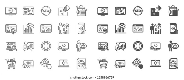 Seo line icons. Set of Increase sales, Business Ad strategy and Website optimization icons. Puzzle, Web seo timer and Analytics increase graph. Search engine, Ad sales pie chart, like icon. Vector