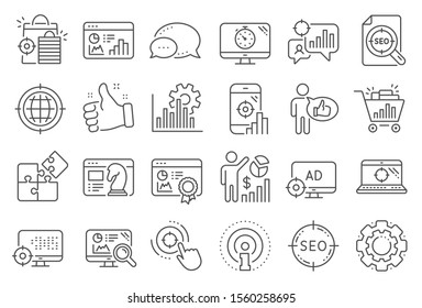 Seo line icons. Set of Increase sales, Business Ad strategy and Website optimization icons. Puzzle, Web seo timer and Analytics increase graph. Search engine, Ad sales pie chart, like icon. Vector